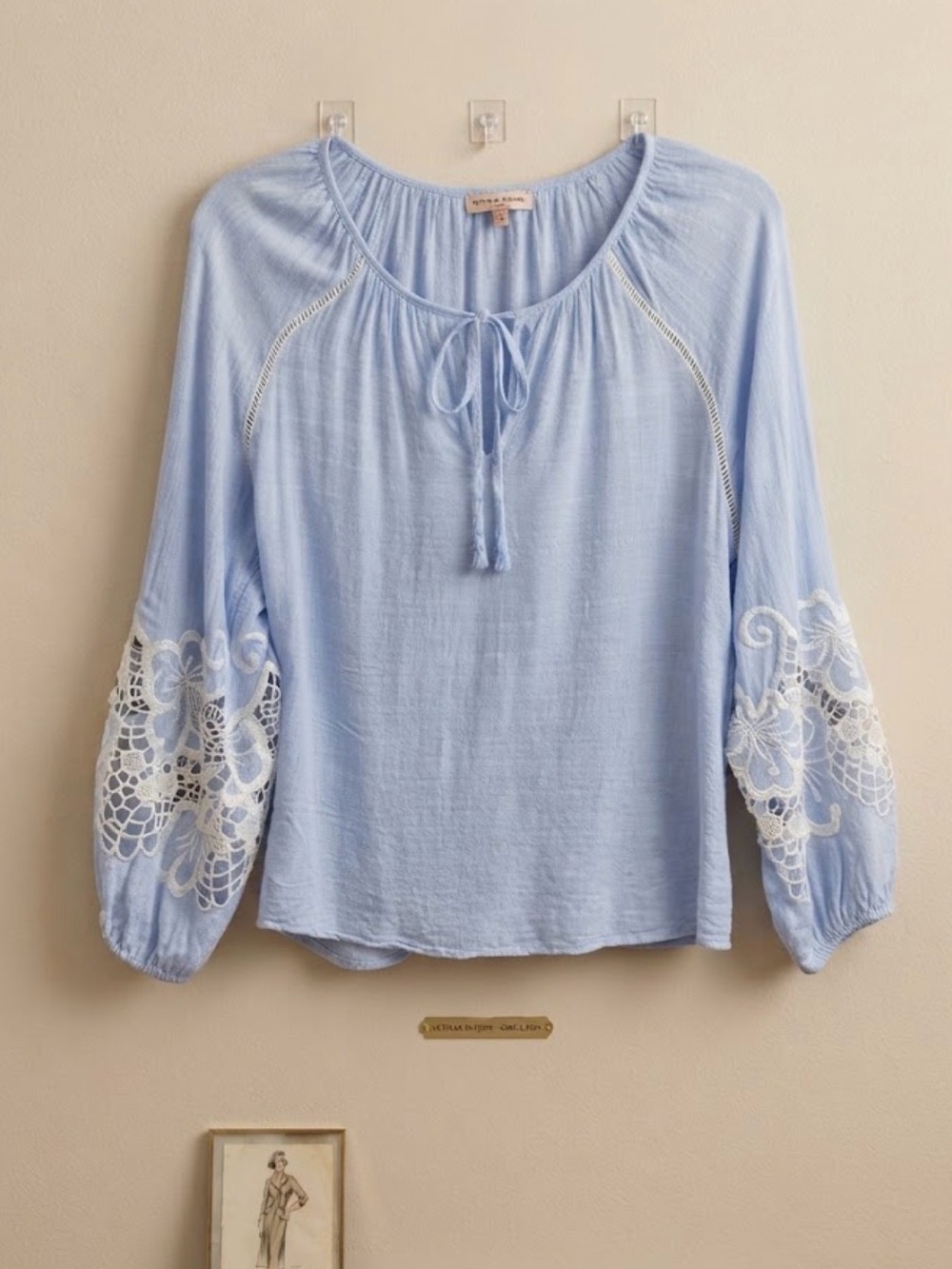 Light Blue Peasant Blouse with Crochet Sleeve Detail